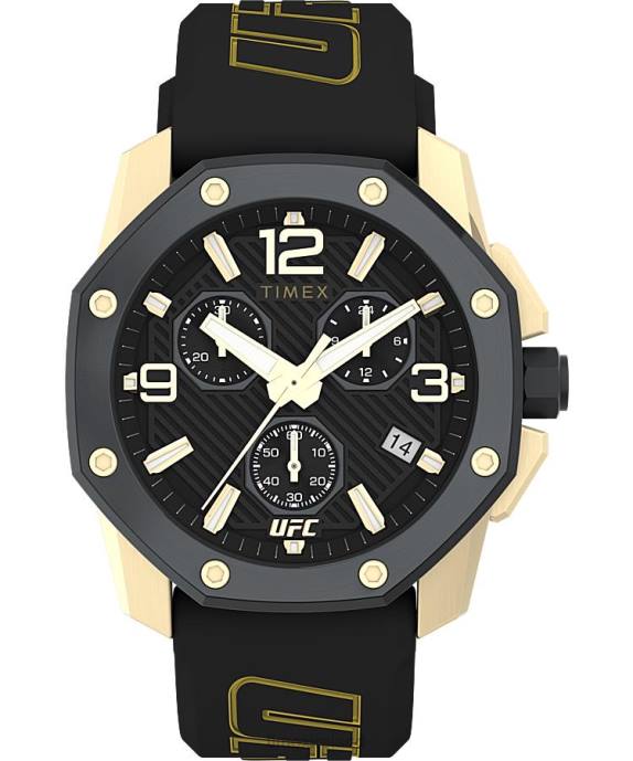 Watches | Gold-Tone/Black Men Timex UFC Icon Chronograph 45mm Silicone Strap Watch R6JT107