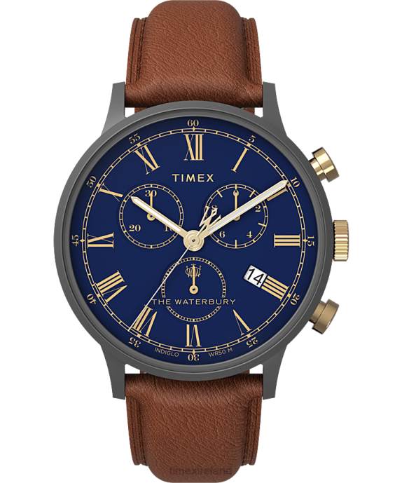 Watches | Gunmetal/Brown/Blue Men Timex Waterbury Classic Chronograph 40mm Leather Strap Watch R6JT92