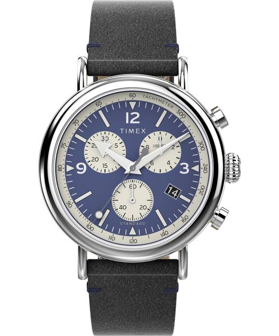 Watches | Silver-Tone/Black/Blue Men Timex Standard Chronograph 41mm Eco-Friendly Leather Strap Watch R6JT98