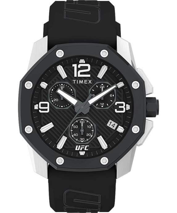 Watches | Silver-Tone/Black Men Timex UFC Icon Chronograph 45mm Silicone Strap Watch R6JT100