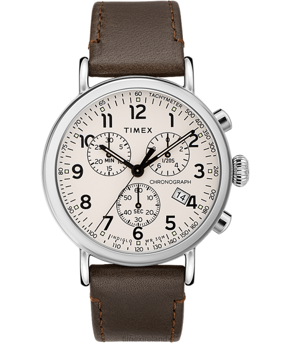 Watches | Silver-Tone/Brown/Cream Men Timex Standard Chronograph 41mm Leather Strap Watch R6JT90