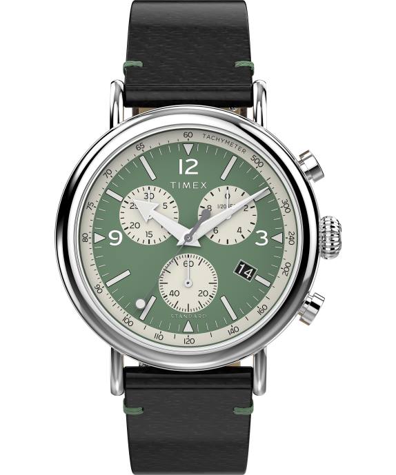 Watches | Silver-Tone/Brown/Green Men Timex Standard Chronograph 41mm Eco-Friendly Leather Strap Watch R6JT103