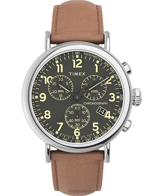 Watches | Silver-Tone/Brown/Green Men Timex Standard Chronograph 41mm Leather Strap Watch R6JT101