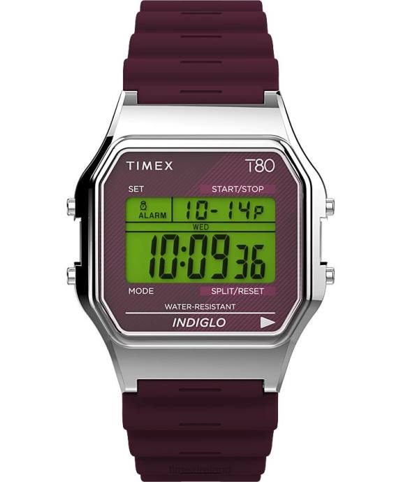 Watches | Silver-Tone/Burgundy Men Timex T80 34mm Resin Strap Watch R6JT262