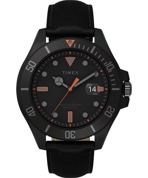 Watches | Black Men Timex Harborside Coast 43mm Leather Strap Watch R6JT114