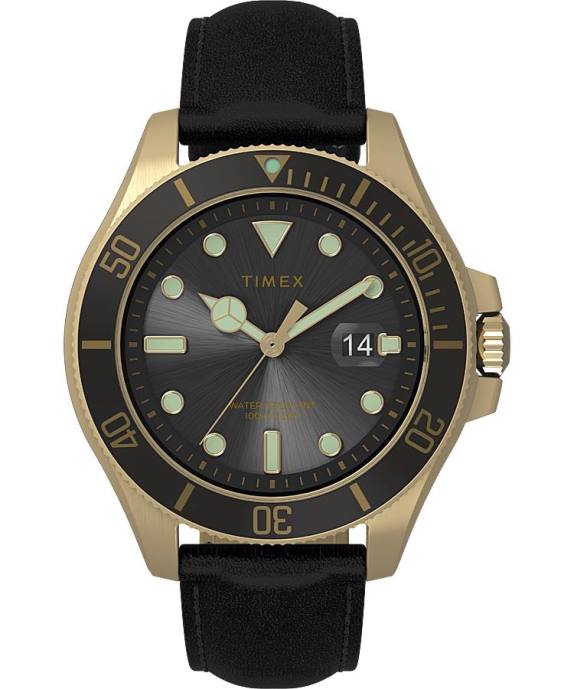 Watches | Gold-Tone/Black Men Timex Harborside Coast 43mm Leather Strap Watch R6JT132