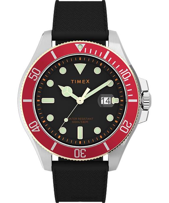 Watches | Silver-Tone/Black/Red Men Timex Harborside Coast 43mm Rubber Strap Watch R6JT131