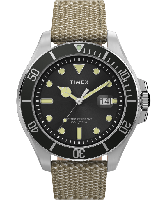 Watches | Silver-Tone/Tan/Black Men Timex Harborside Coast 43mm Fabric Strap Watch R6JT117
