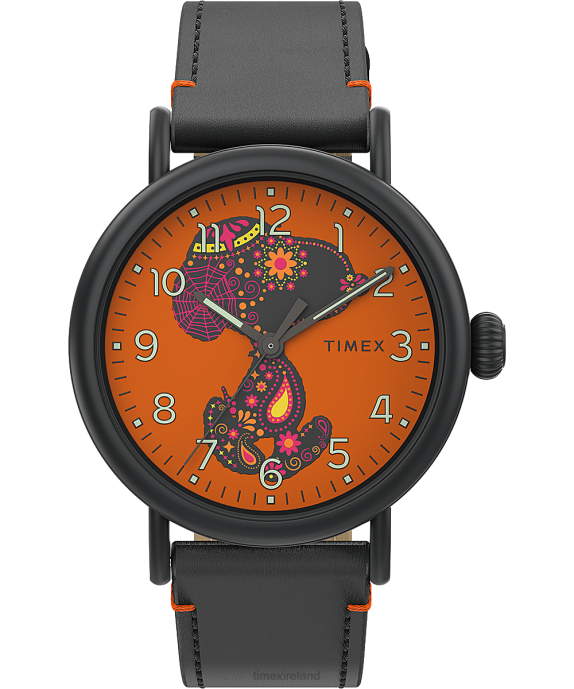 Watches | Black/Orange Men Timex Standard x Peanuts Featuring Snoopy Dia de los Muertos 40mm Leather Strap Watch R6JT236