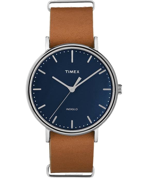 Watches | Chrome/Tan/Blue Men Timex Fairfield Slip-Thru 41mm Leather Strap Watch R6JT198