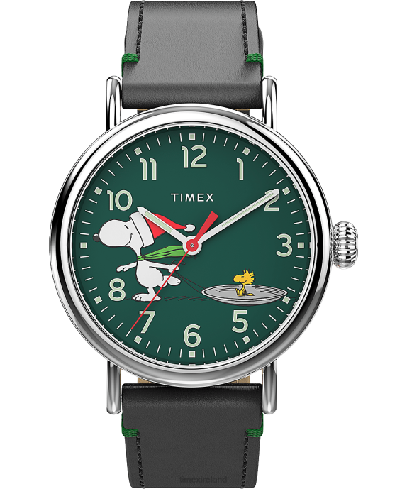 Watches | Silver-Tone/Black/Green Men Timex Standard x Peanuts Featuring Snoopy Ice Skating 40mm Leather Strap Watch R6JT184