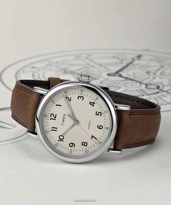 Watches | Silver-Tone/Brown/Cream Men Timex Standard 40mm Leather Strap Watch R6JT195