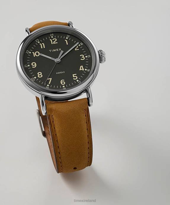 Watches | Silver-Tone/Brown/Green Men Timex Standard 40mm Leather Strap Watch R6JT216