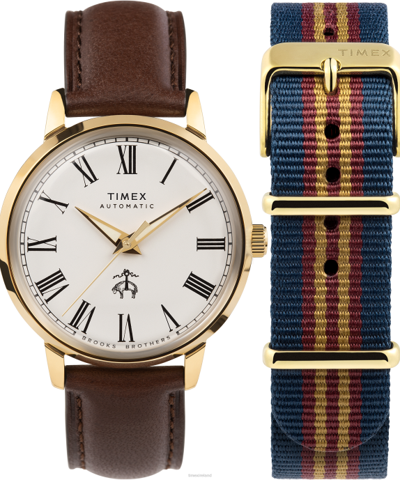 Watches | Stainless-Steel/Brown/Cream Men Timex x Brooks Brothers Gold Tone Marlin Automatic 38mm Leather Strap and Fabric Strap Set R6JT175