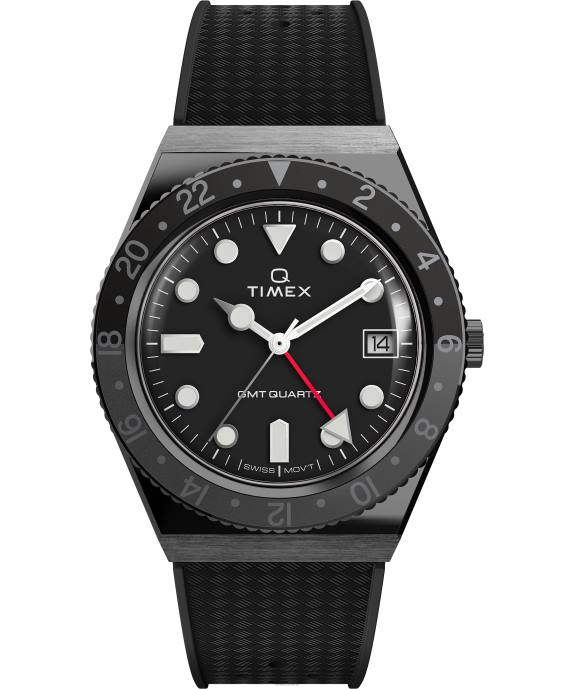 Watches | Gunmetal/Black Men Q Timex GMT 38mm Synthetic Rubber Strap Watch R6JT30