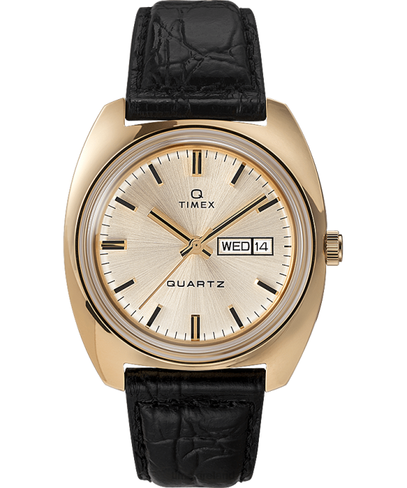 Watches | Gold-Tone/Black/Champagne Men Q Timex 1975 Reissue Day-Date 38mm Leather Strap Watch R6JT313