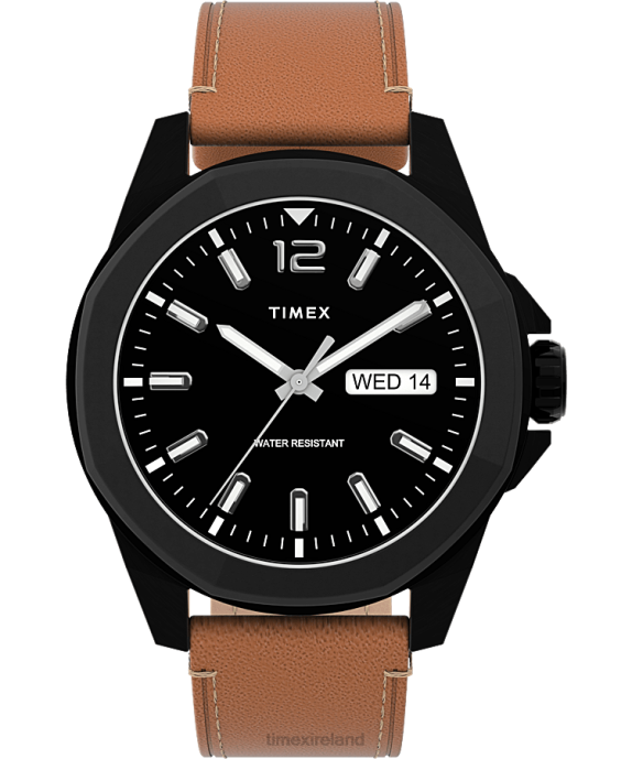 Watches | Black/Tan Men Timex Essex Avenue 44mm Leather Strap Watch R6JT149