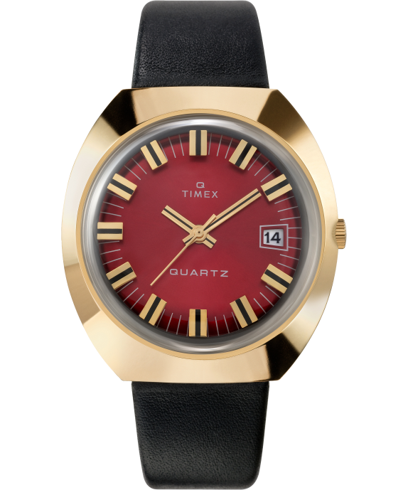 Watches | Gold-Tone/Black/Burgundy Men Q Timex 1972 Reissue 43x39mm Leather Strap Watch R6JT67