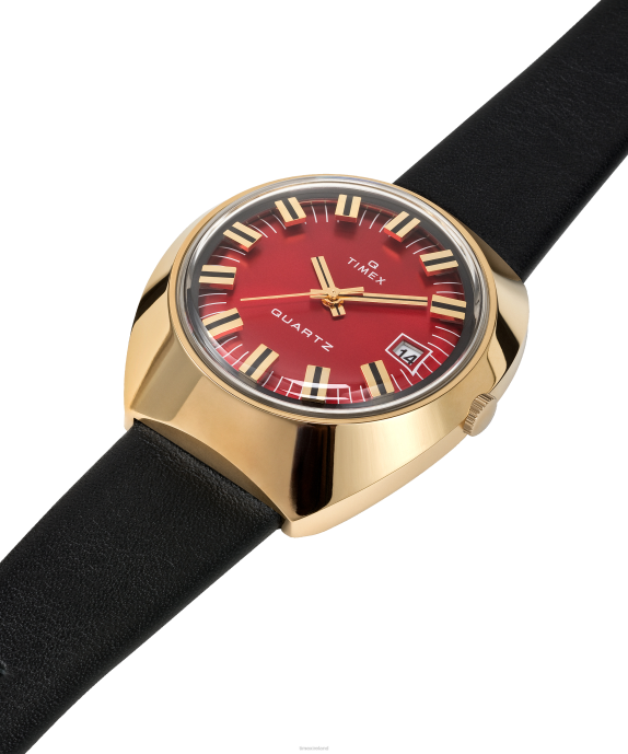 Watches | Gold-Tone/Black/Burgundy Men Q Timex 1972 Reissue 43x39mm Leather Strap Watch R6JT67