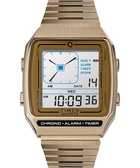 Watches | Gold-Tone Men Q Timex Reissue Digital LCA 32.5mm Stainless Steel Bracelet Watch R6JT73