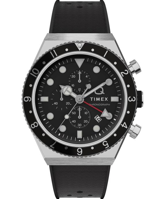 Watches | Stainless-Steel/Black Men Q Timex Three Time Zone Chronograph 40mm Synthetic Rubber Strap Watch R6JT62