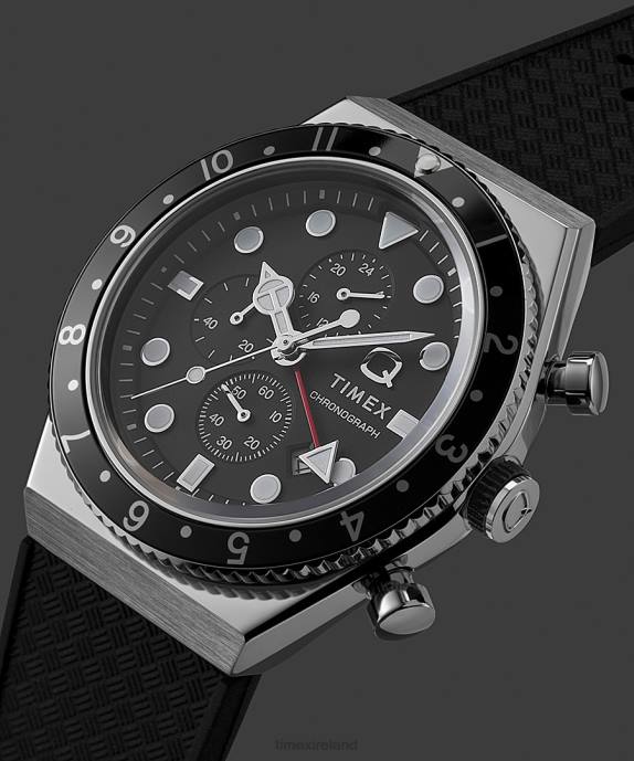Watches | Stainless-Steel/Black Men Q Timex Three Time Zone Chronograph 40mm Synthetic Rubber Strap Watch R6JT62