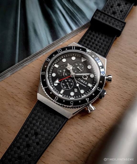 Watches | Stainless-Steel/Black Men Q Timex Three Time Zone Chronograph 40mm Synthetic Rubber Strap Watch R6JT62