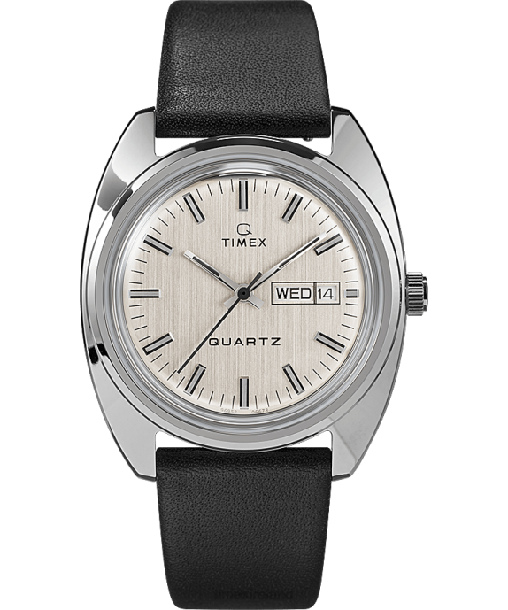 Watches | Stainless-Steel/Black/Silver-Tone Men Q Timex 1978 Reissue Day-Date 37mm Leather Strap Watch R6JT79