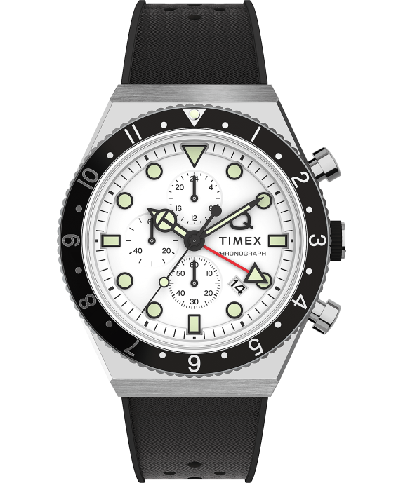 Watches | Stainless-Steel/Black/White Men Q Timex Three Time Zone Chronograph 40mm Synthetic Rubber Strap Watch R6JT64