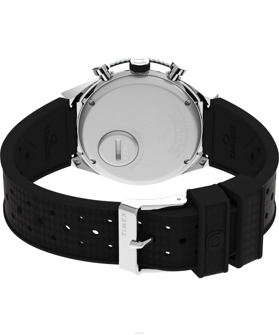 Watches | Stainless-Steel/Black/White Men Q Timex Three Time Zone Chronograph 40mm Synthetic Rubber Strap Watch R6JT64