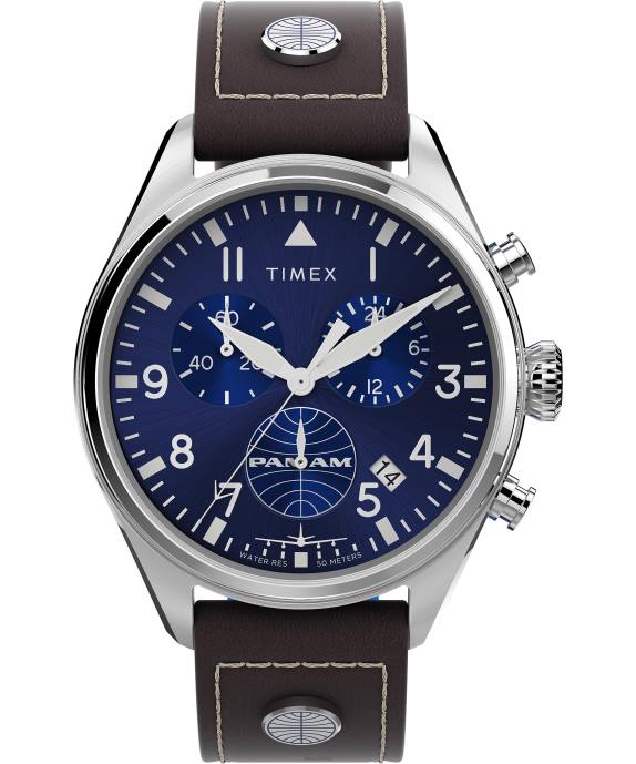Watches | Stainless-Steel/Brown/Blue Men Timex x Pan Am Chronograph 42mm Leather Strap Watch R6JT80
