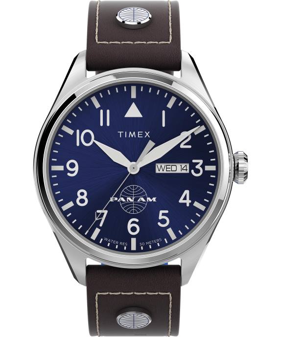 Watches | Stainless-Steel/Brown/Blue Men Timex x Pan Am Day-Date 42mm Leather Strap Watch R6JT81