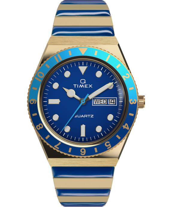 Watches | Gold-Tone/Blue Women Q Timex Malibu 36mm Stainless Steel Expansion Band Watch R6JT335