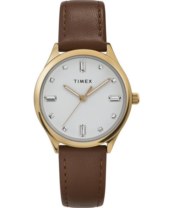 Watches | Gold-Tone/Brown/White Women Timex Modern Dress 32mm Leather Strap Watch R6JT385